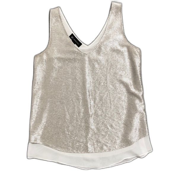 INC Layered Sleeveless Top Oversize XS Metallic Flowy Bust 18" White Champagne - Picture 1 of 7